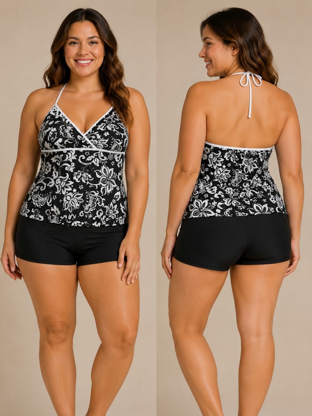 🌹Black & White Tankini Set w/White Floral Trim On Bottoms, Top 2X, Bottom 1x